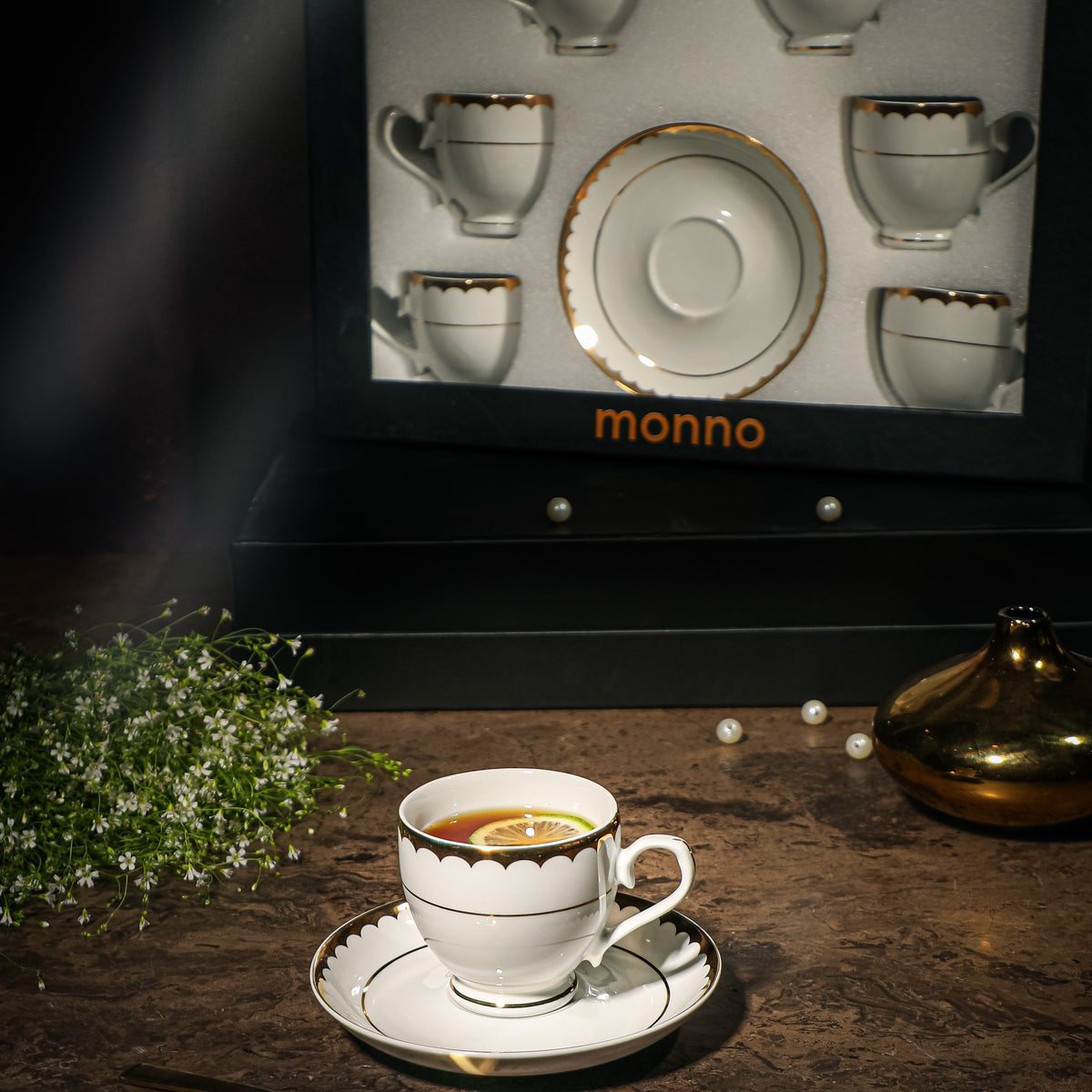 Amber Laces 12 Pcs Tea Cup & Saucer Monno Ceramic