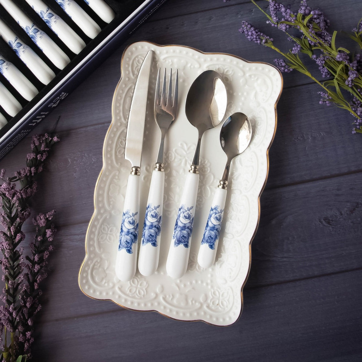 Blue Blossom 24 Pcs Ceramic Cutlery Set