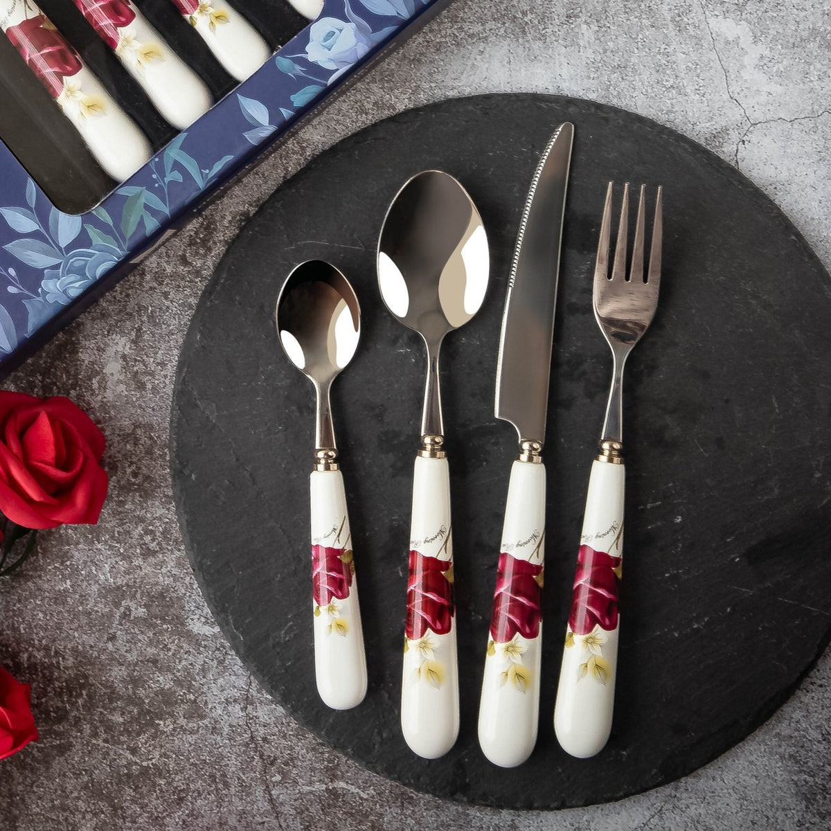 Burgundy Petals 24 Pcs Ceramic Cutlery Set