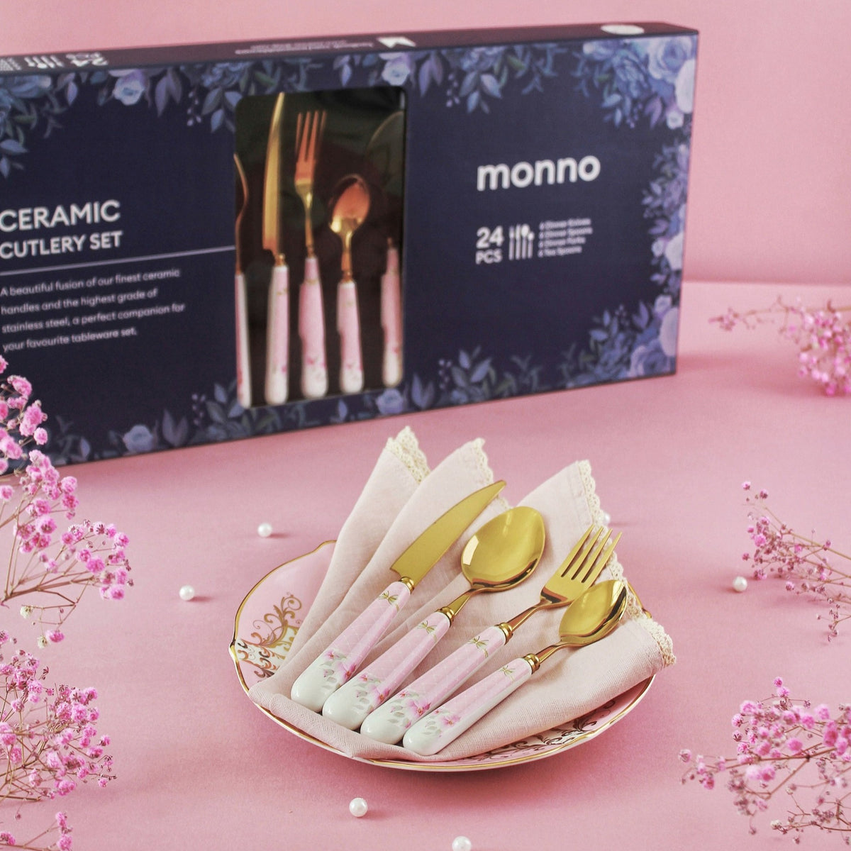 Golden Petals 24 Pcs Ceramic Cutlery Set